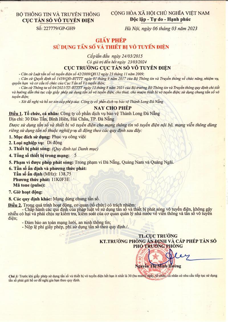 Giấy phép sử dung tần số vô tuyến của Bộ TTTT cấp cho công ty Thành Long
